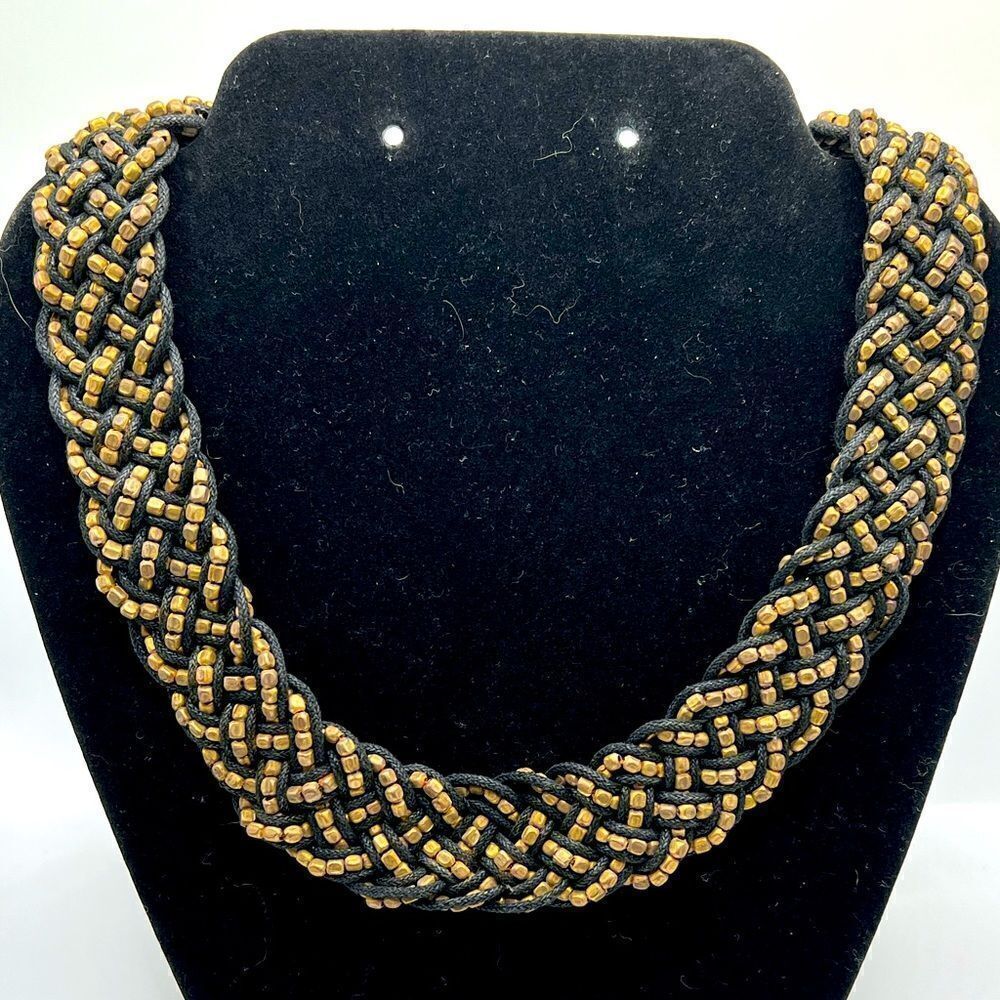 *3/$20* Vintage woven black cord and gold / bronze tone beaded collar necklace